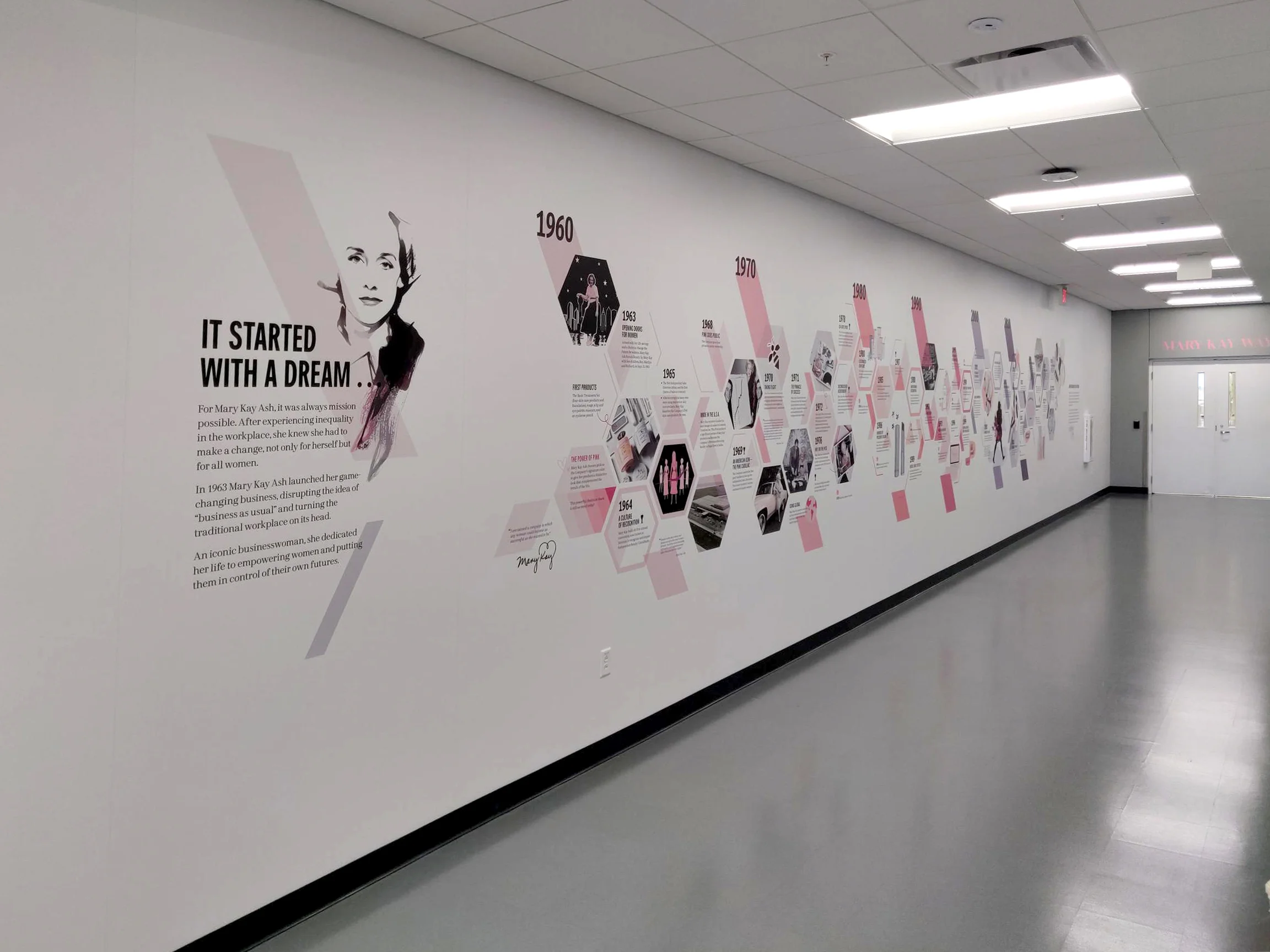 Mary Kay corporate history timeline wall mural in office hallway